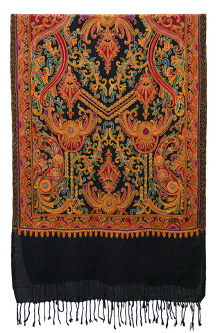 Black woolen shawl with rich, sophisticated and refined artwork - Marie-Pierre Rousseau
