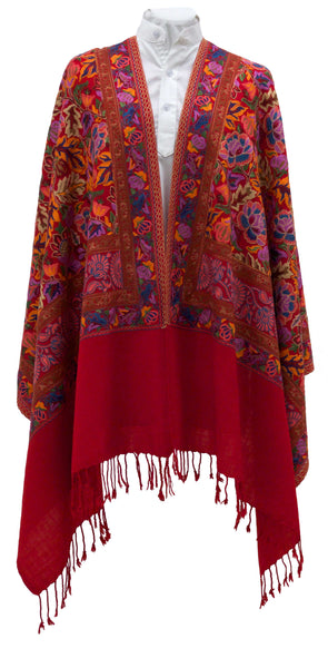 Red wool shawl with lovely, colorful and hot artwork - Marie-Pierre Rousseau
