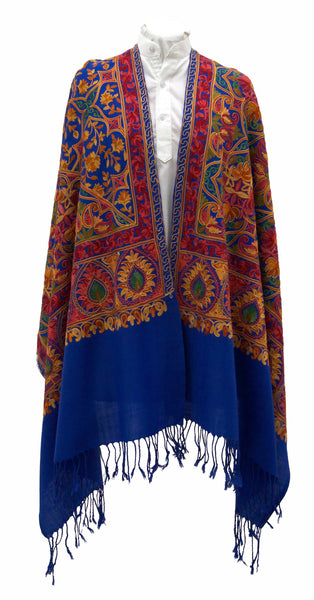 Colourful Asymetrical Embroidered Shawl in Royal Blue Wool