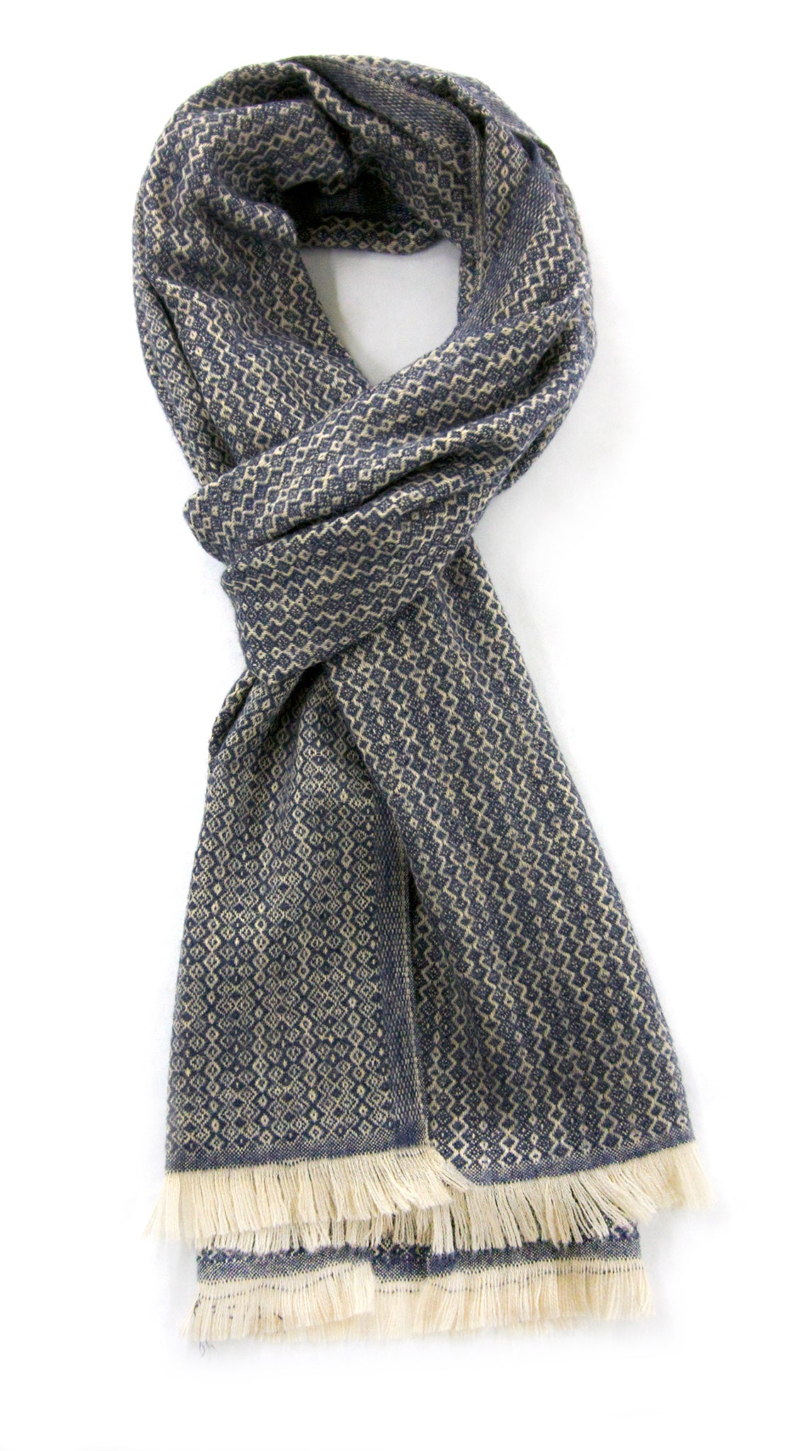 Soft cashmere blend scarf with fine diamond pattern in blue and off white - Marie-Pierre Rousseau