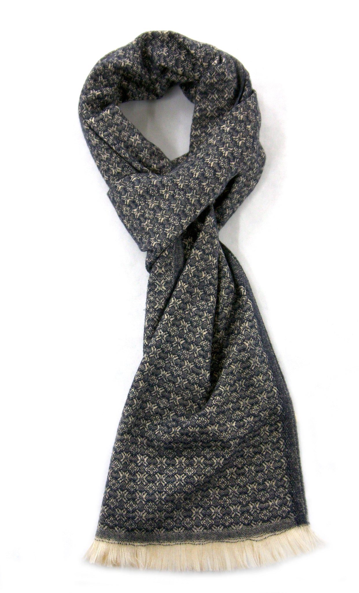 Soft cashmere blend scarf with fine blue and off white fine pattern - Marie-Pierre Rousseau