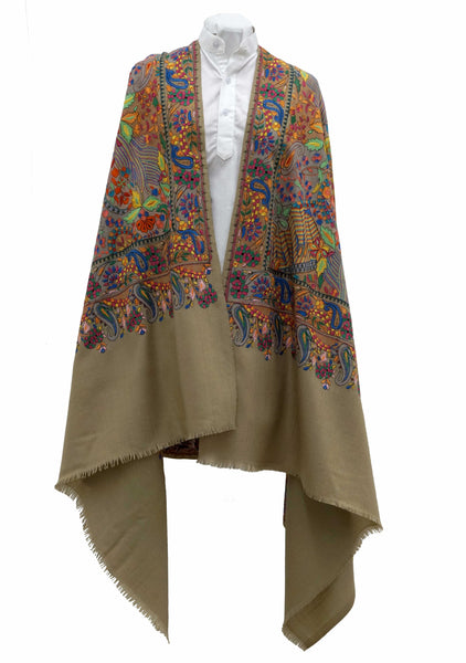 White woolen stole with amazing and wild all over embroidered artwork - Marie-Pierre Rousseau