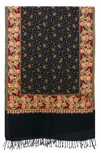 Black classic wool shawl with rich, sophisticated and refined embroidered artwork - Marie-Pierre Rousseau