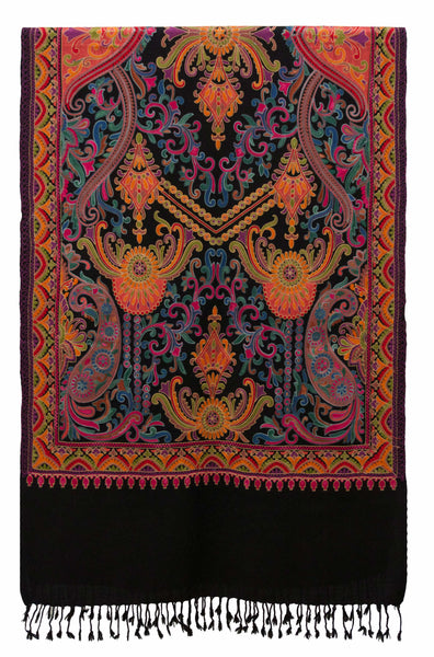 Boho Chic Paisley Embroidered Shawl in Black Wool