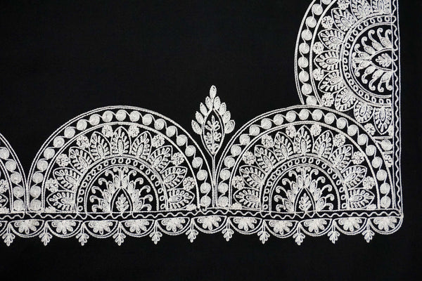 Black and white embroidery artwork on a warm soft woolen stole to dress up spring or fall look - Marie-Pierre Rousseau
