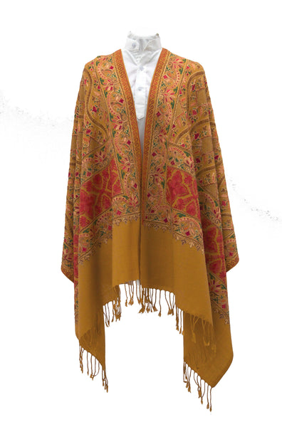 Mustard fine wool shawl with all over embroideries and elegant details for a prestigious bohemian look - Marie-Pierre Rousseau