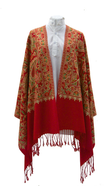  Vibrant red fine wool stole with paisleys embroideries and sophisticated details for a classic look - Marie-Pierre Rousseau