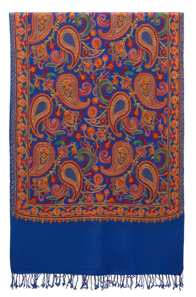 Blue fine wool shawl with embroideries and elegant details for a fancy bohemian style - Marie-Pierre Rousseau