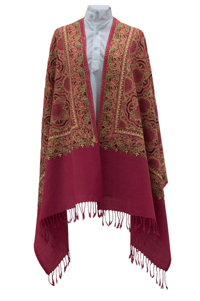 Soft red fine wool shawl with all over embroideries and elegant details for a prestigious classic look - Marie-Pierre Rousseau