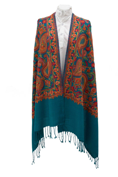 Turquoise fine wool stole with paisleys embroideries and glamourous details for a sophisticated  look - Marie-Pierre Rousseau