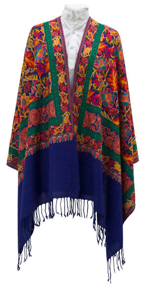 Floral Embroidered Shawl in Royal Blue Wool