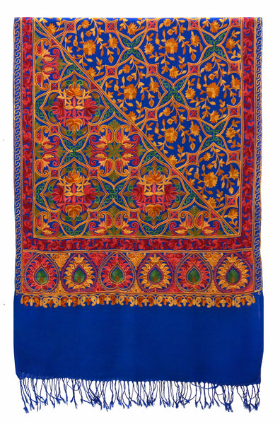 Blue wool shawl with bohemian style, colourful and fun artwork - Marie-Pierre Rousseau