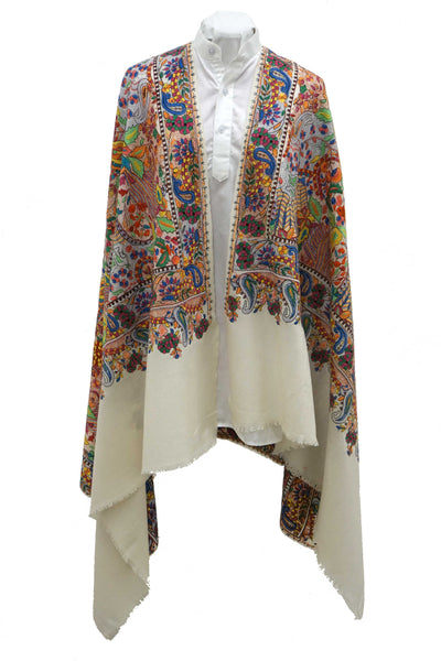  Beige woolen stole with all over embroidery artwork - Marie-Pierre Rousseau